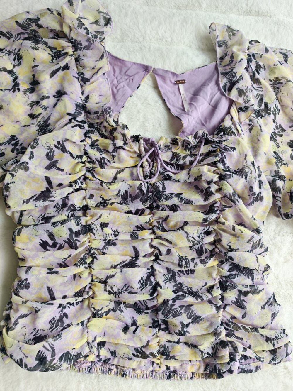 Free People Floral Ruched Blouse Top Puff Sleeve Tie Front Cottagecore Boho M - Picture 12 of 16